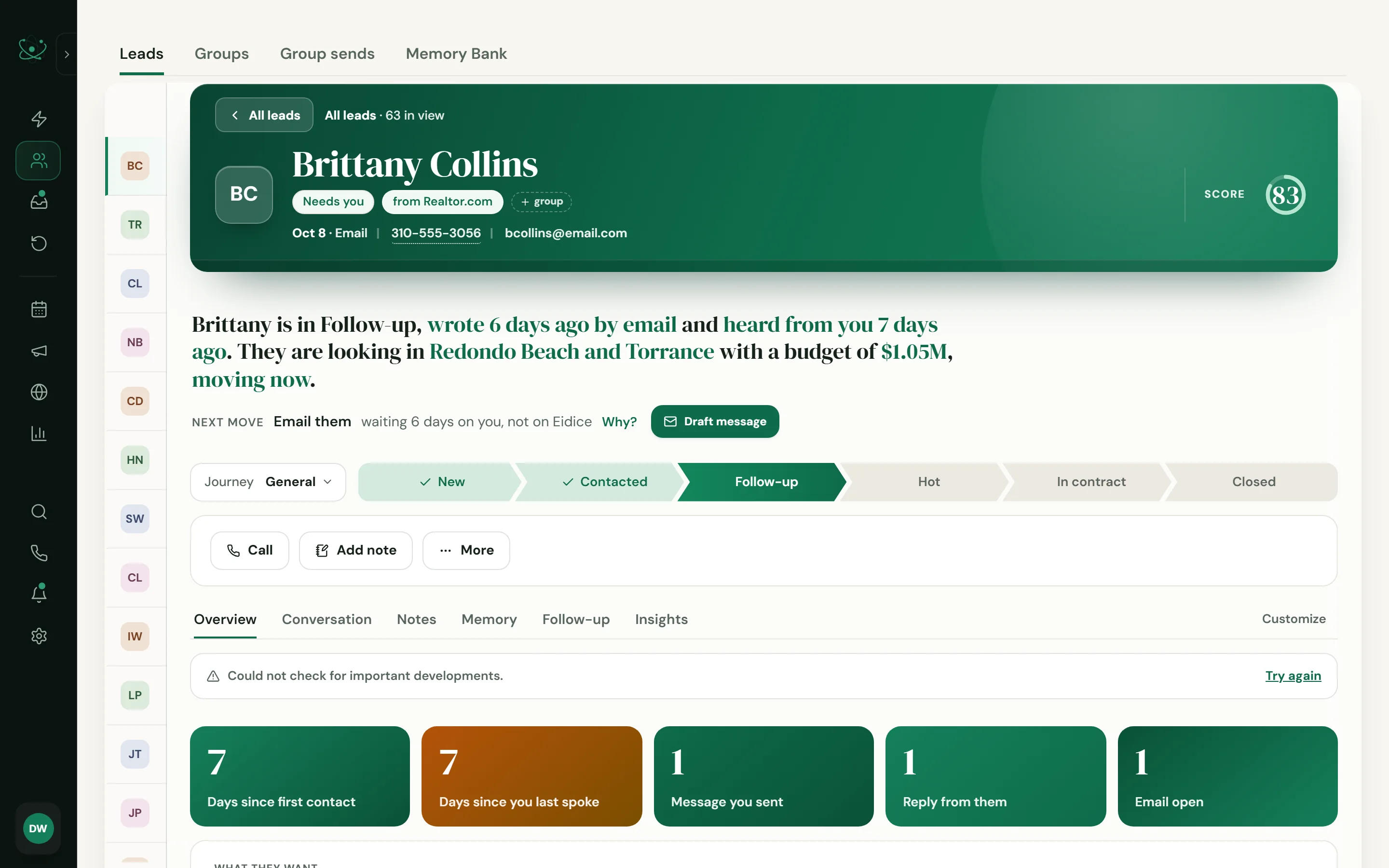 A lead's page in Eidice: Brittany Collins is in Follow-up, wrote 6 days ago by email, is looking in Redondo Beach and Torrance with a budget of $1.05M, and is moving now.